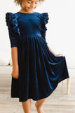Navy Velvet Ruffle Twirl Dress - Aaria Tees Aaria Tees