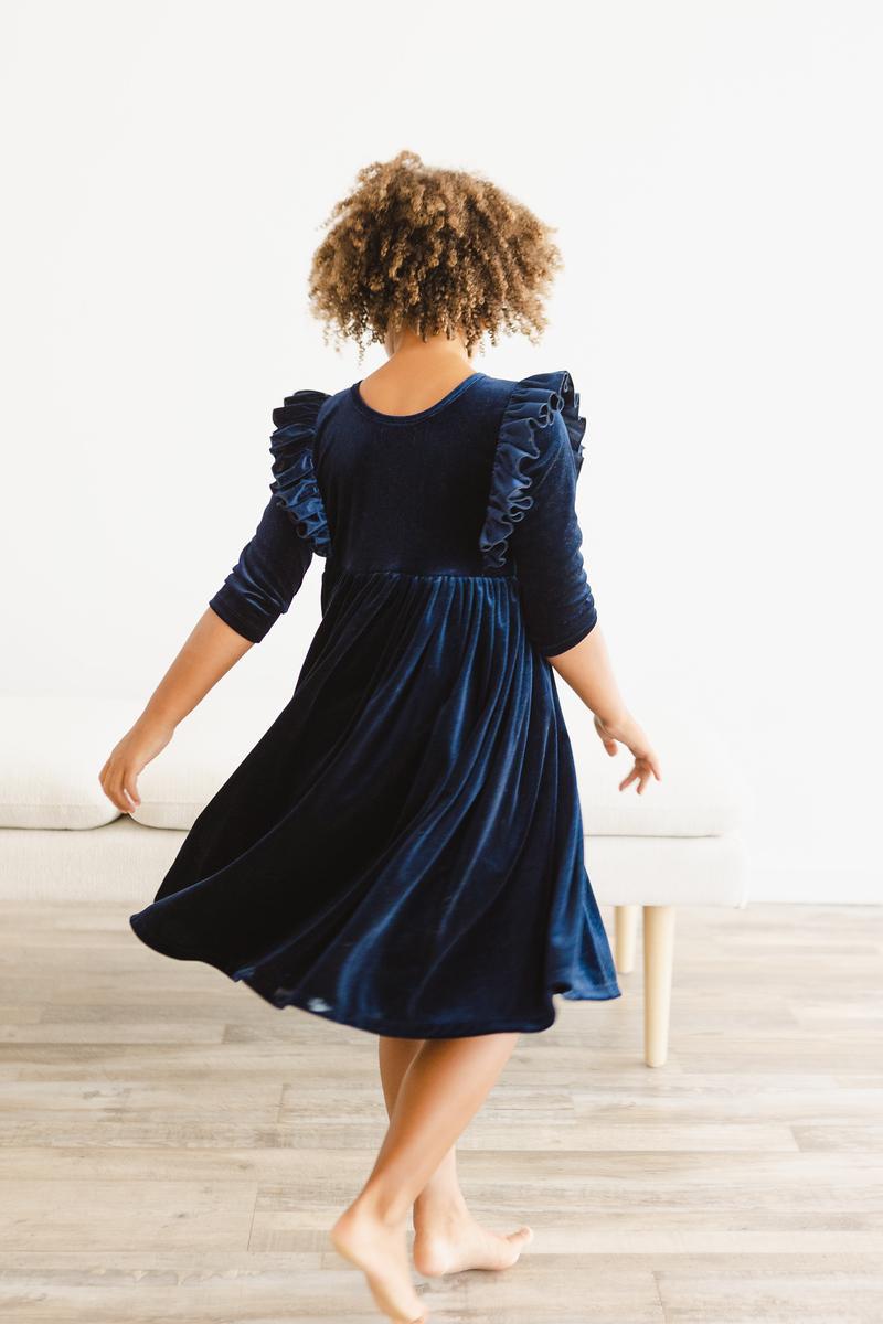 Navy Velvet Ruffle Twirl Dress - Aaria Tees Aaria Tees