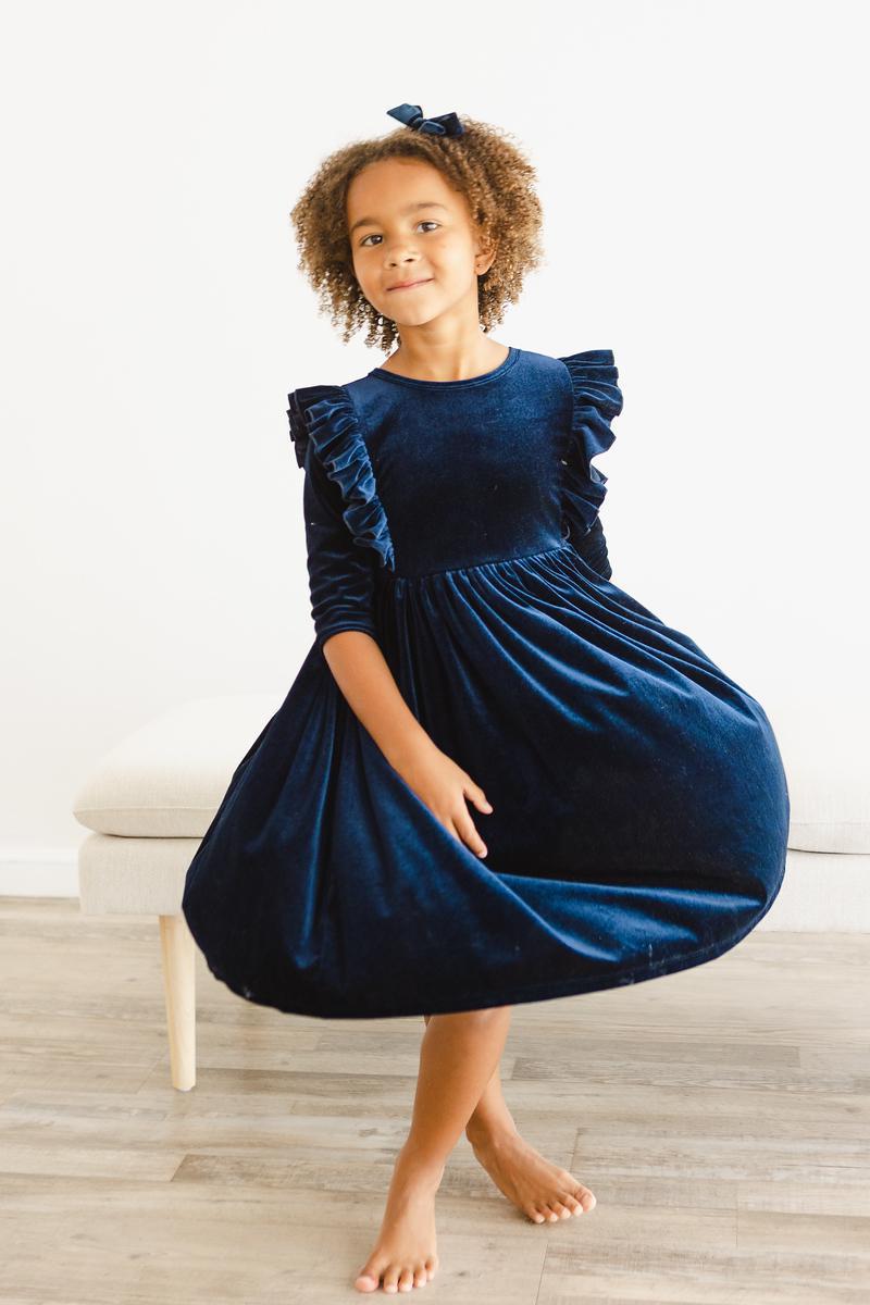 Navy Velvet Ruffle Twirl Dress - Aaria Tees Aaria Tees