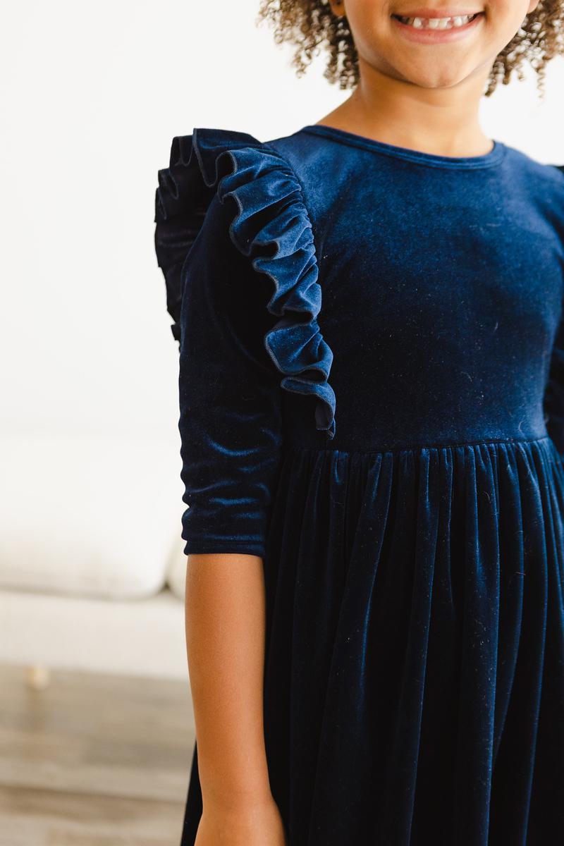 Navy Velvet Ruffle Twirl Dress - Aaria Tees Aaria Tees