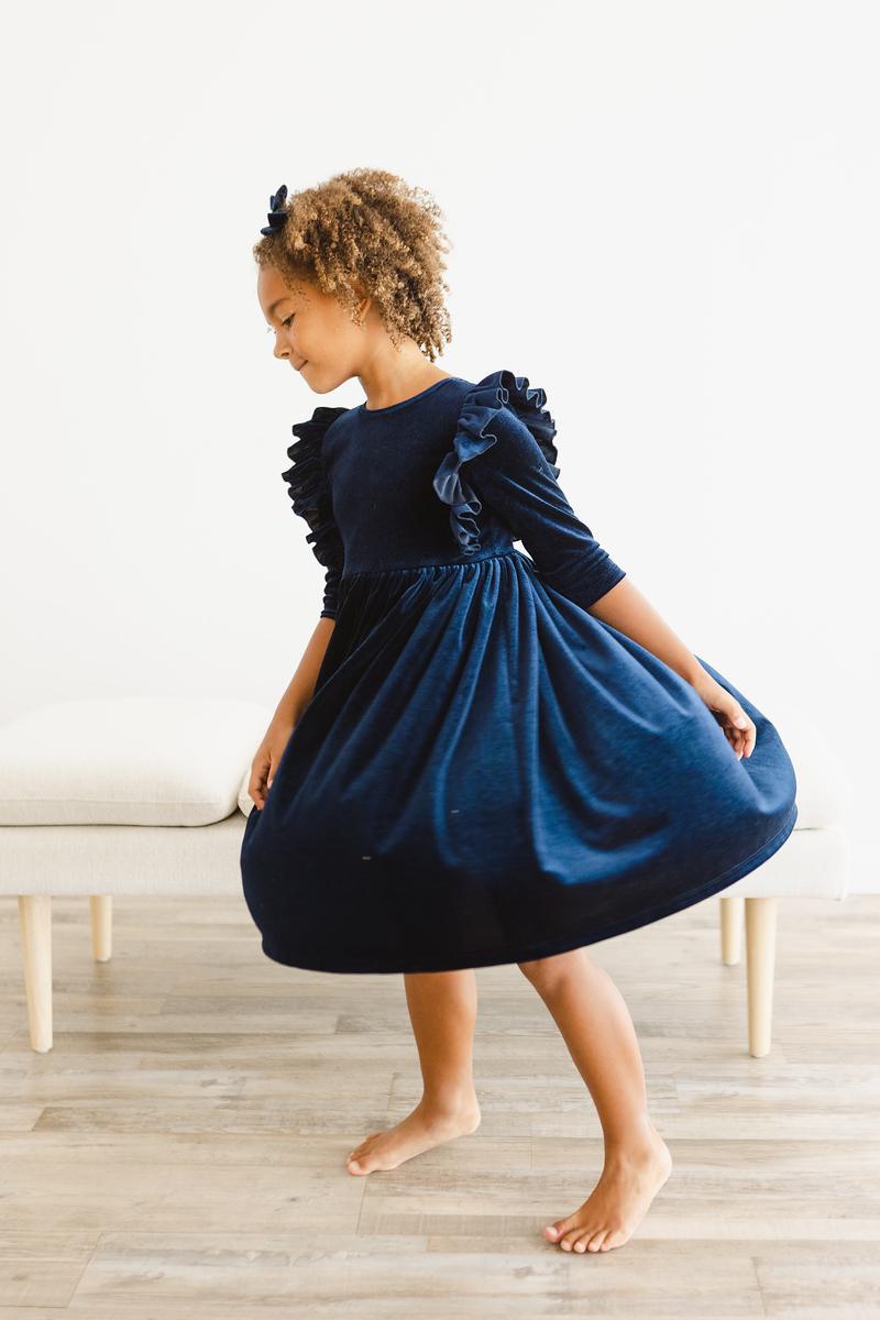 Navy Velvet Ruffle Twirl Dress - Aaria Tees Aaria Tees