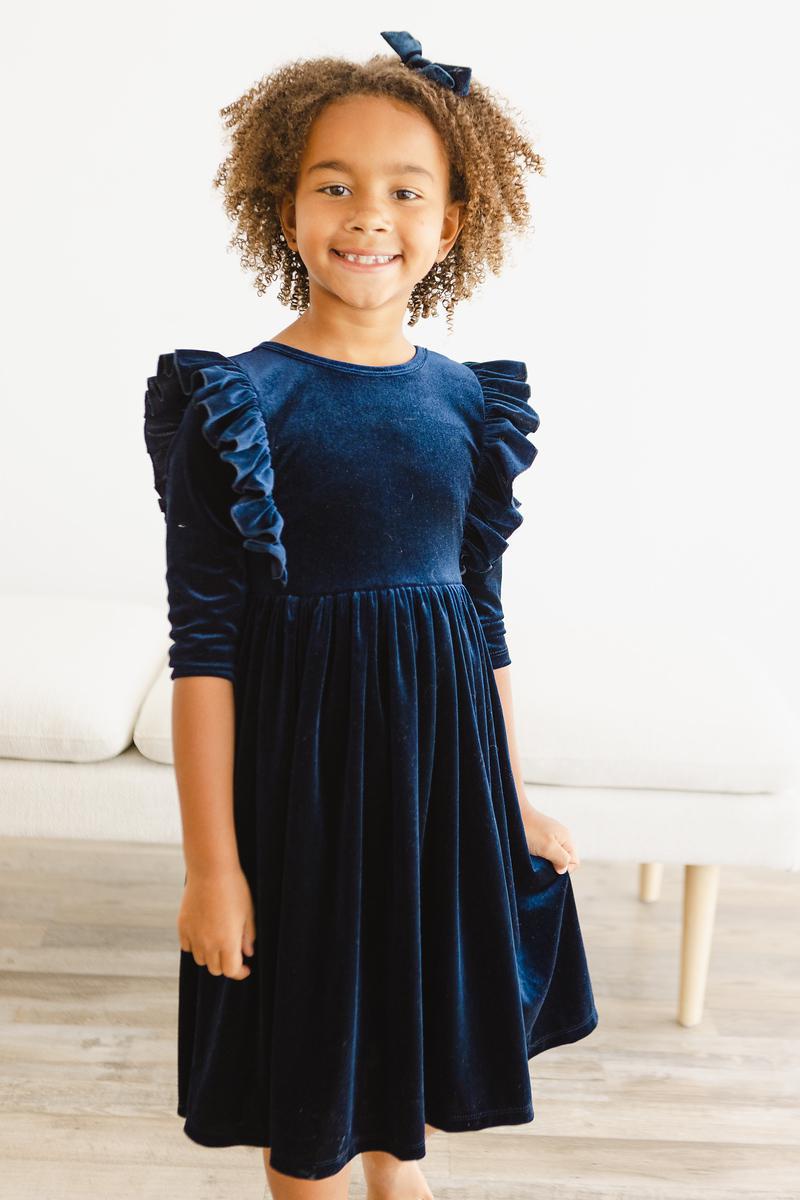 Navy Velvet Ruffle Twirl Dress - Aaria Tees Aaria Tees