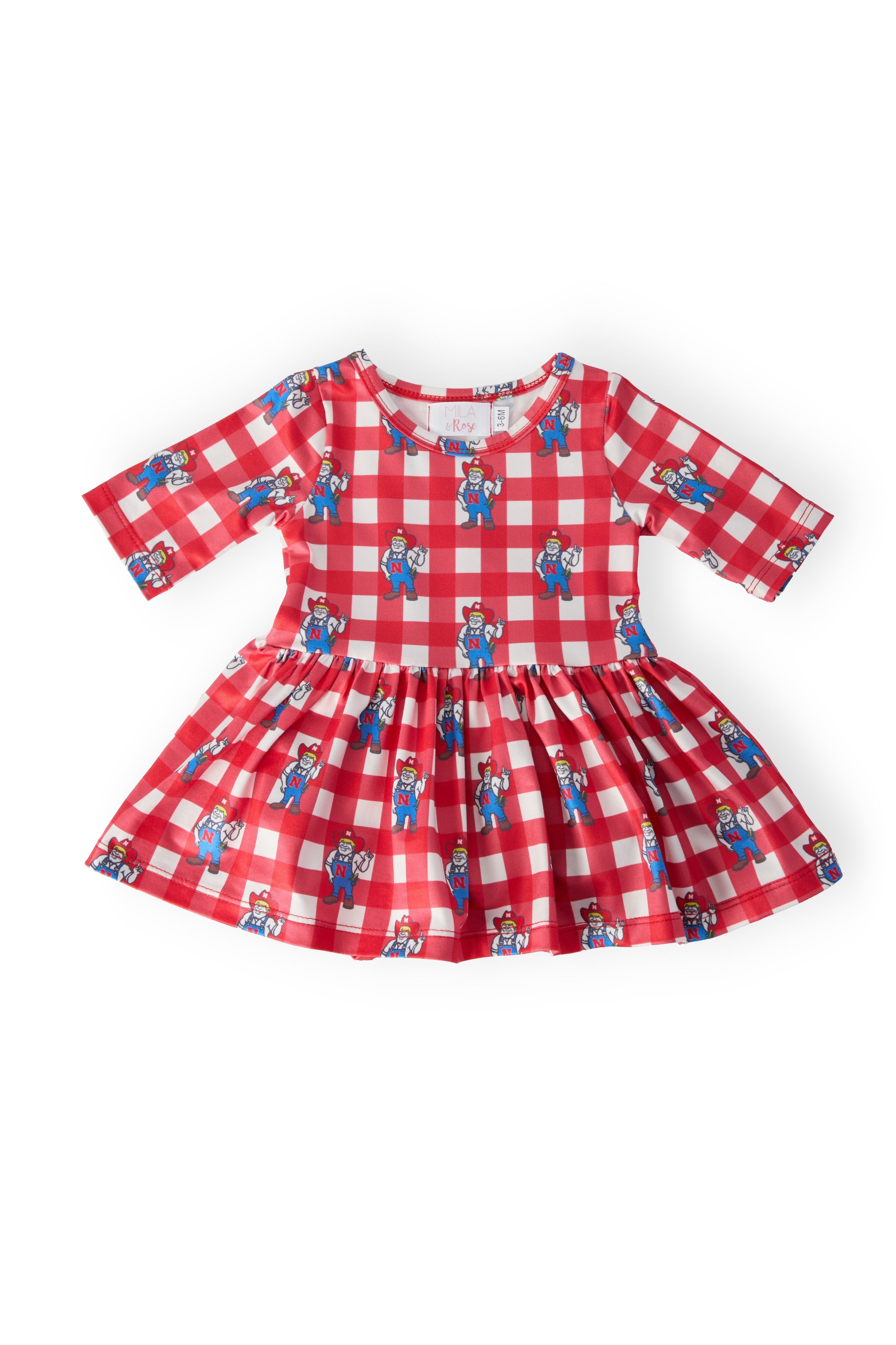 Nebraska Plaid Herbie Husker 3/4 Sleeve Twirl Bodysuit - Aaria Tees Aaria Tees
