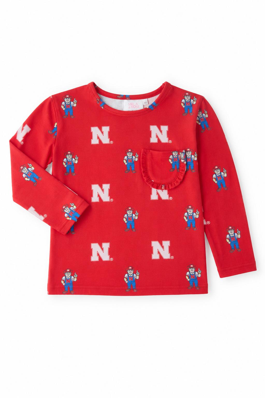 Nebraska Red Herbie Husker L/S Ruffle Pocket Tee - Aaria Tees