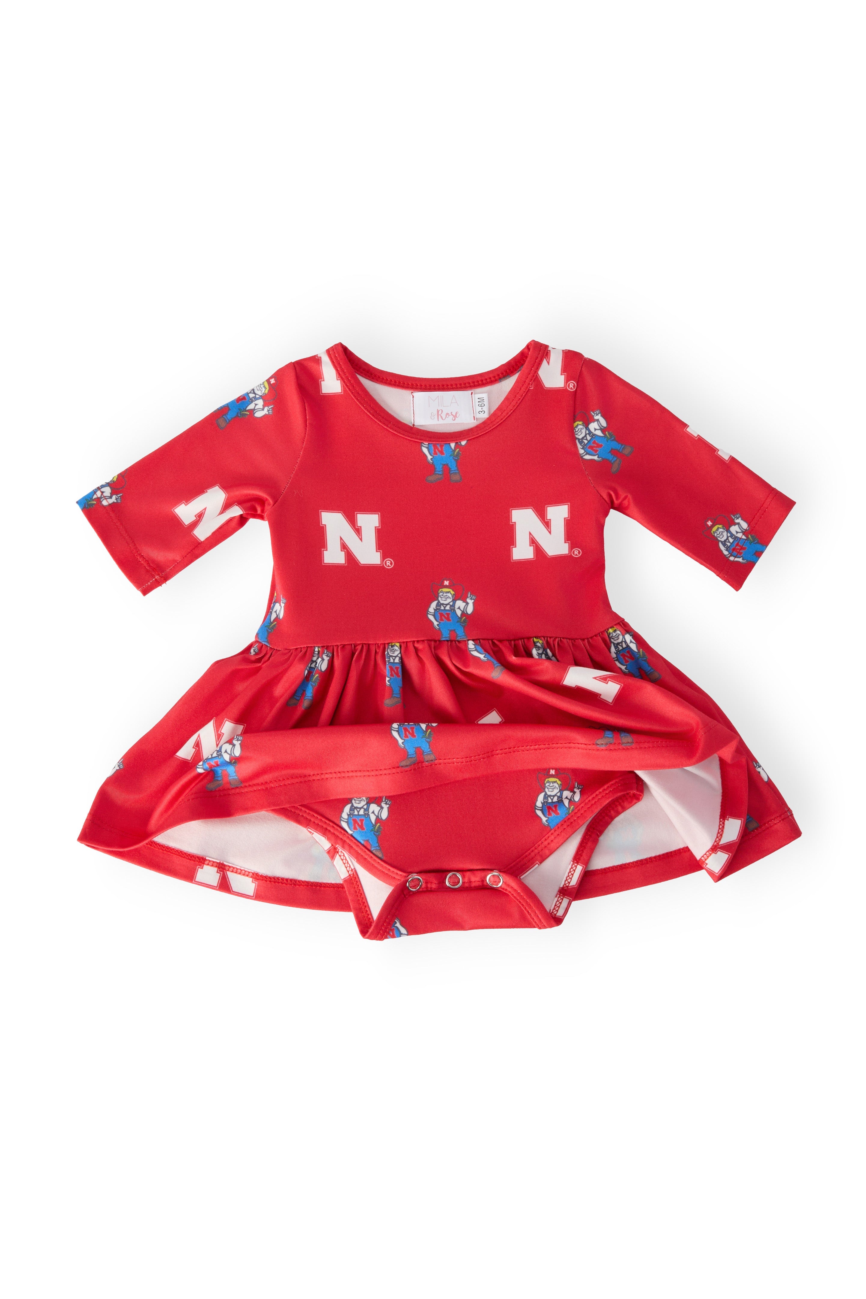 Nebraska Red Herbie Husker 3/4 Sleeve Twirl Bodysuit - Aaria Tees Aaria Tees