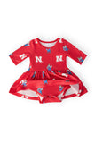 Nebraska Red Herbie Husker 3/4 Sleeve Twirl Bodysuit - Aaria Tees Aaria Tees