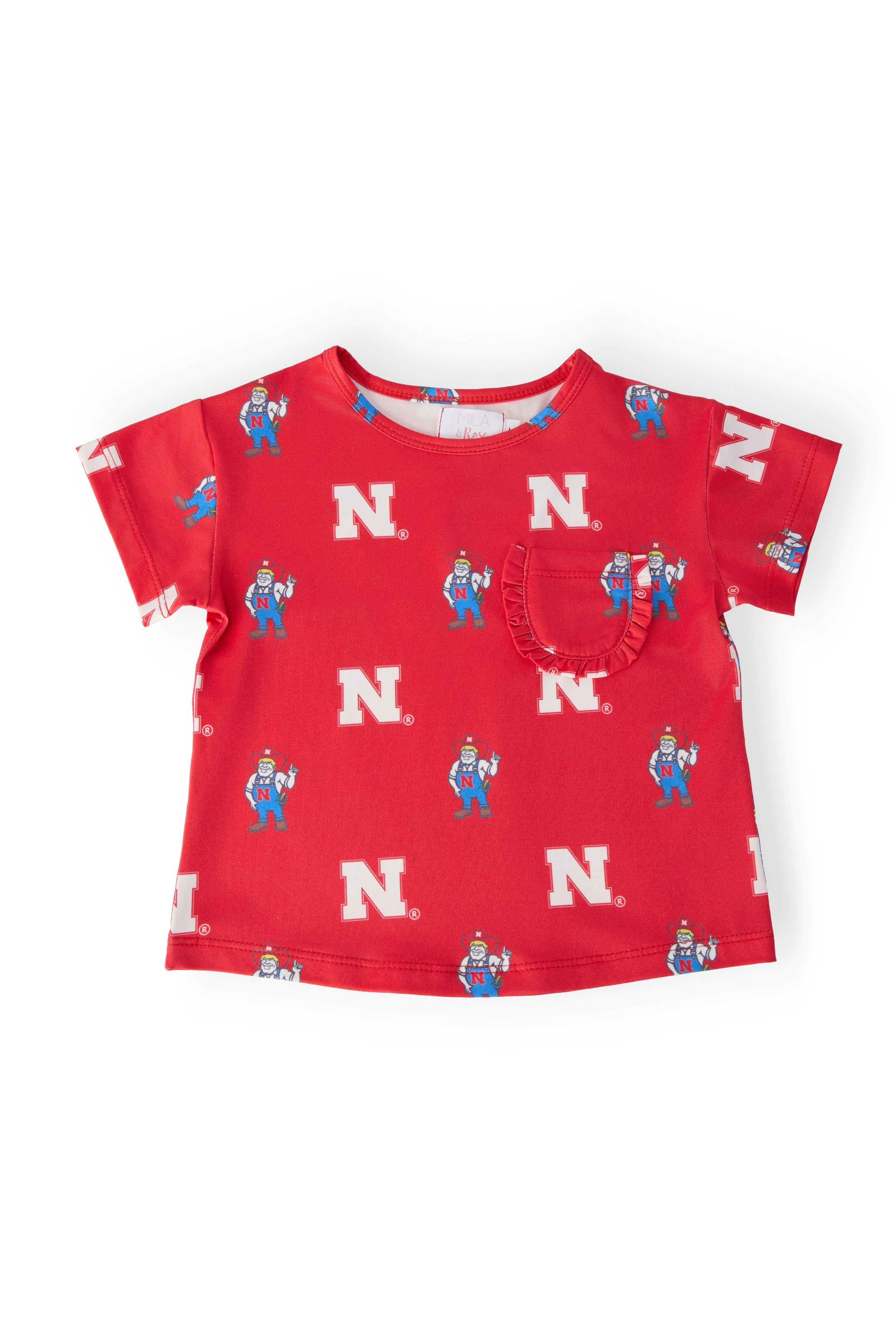 Nebraska Red Herbie Husker Ruffle Pocket Tee - Aaria Tees Aaria Tees