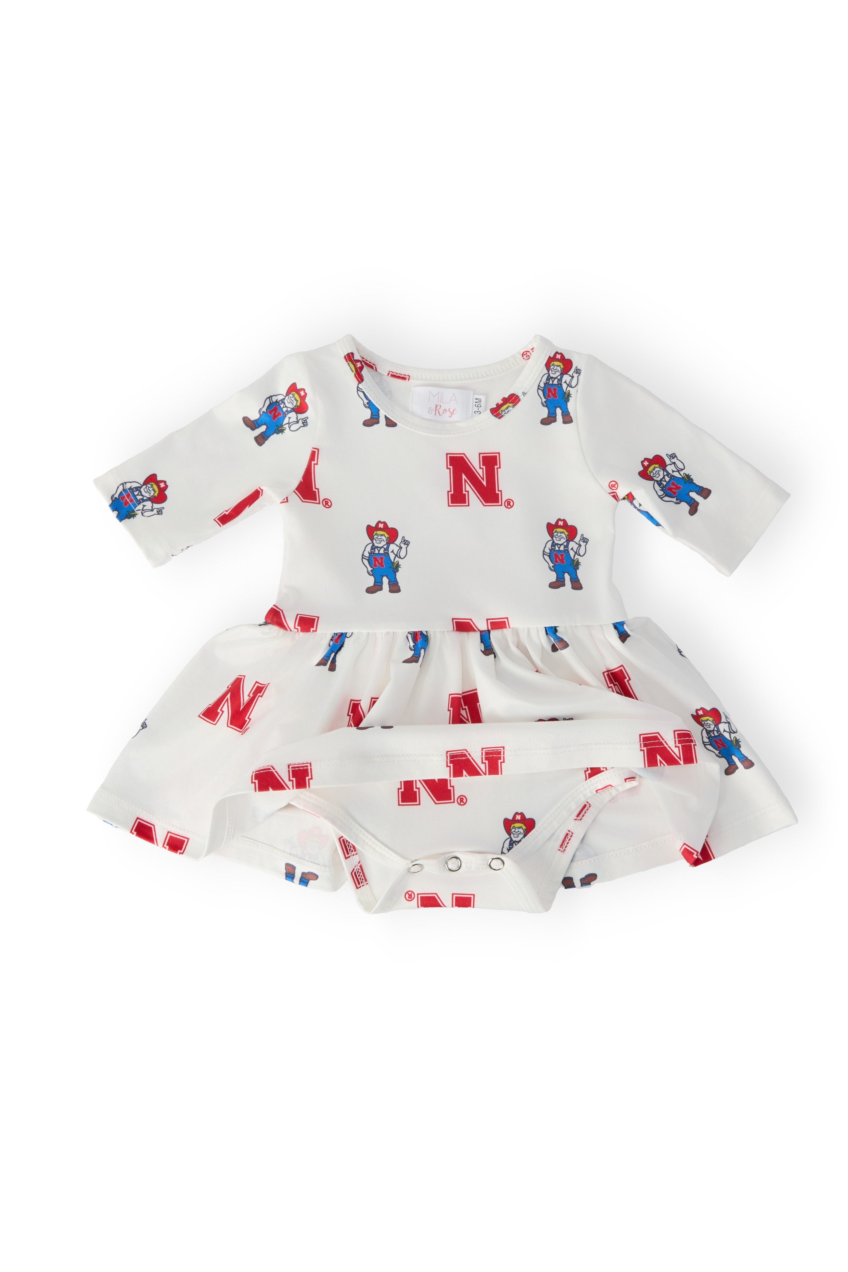 Nebraska White Herbie Husker 3/4 Sleeve Twirl Bodysuit - Aaria Tees Aaria Tees
