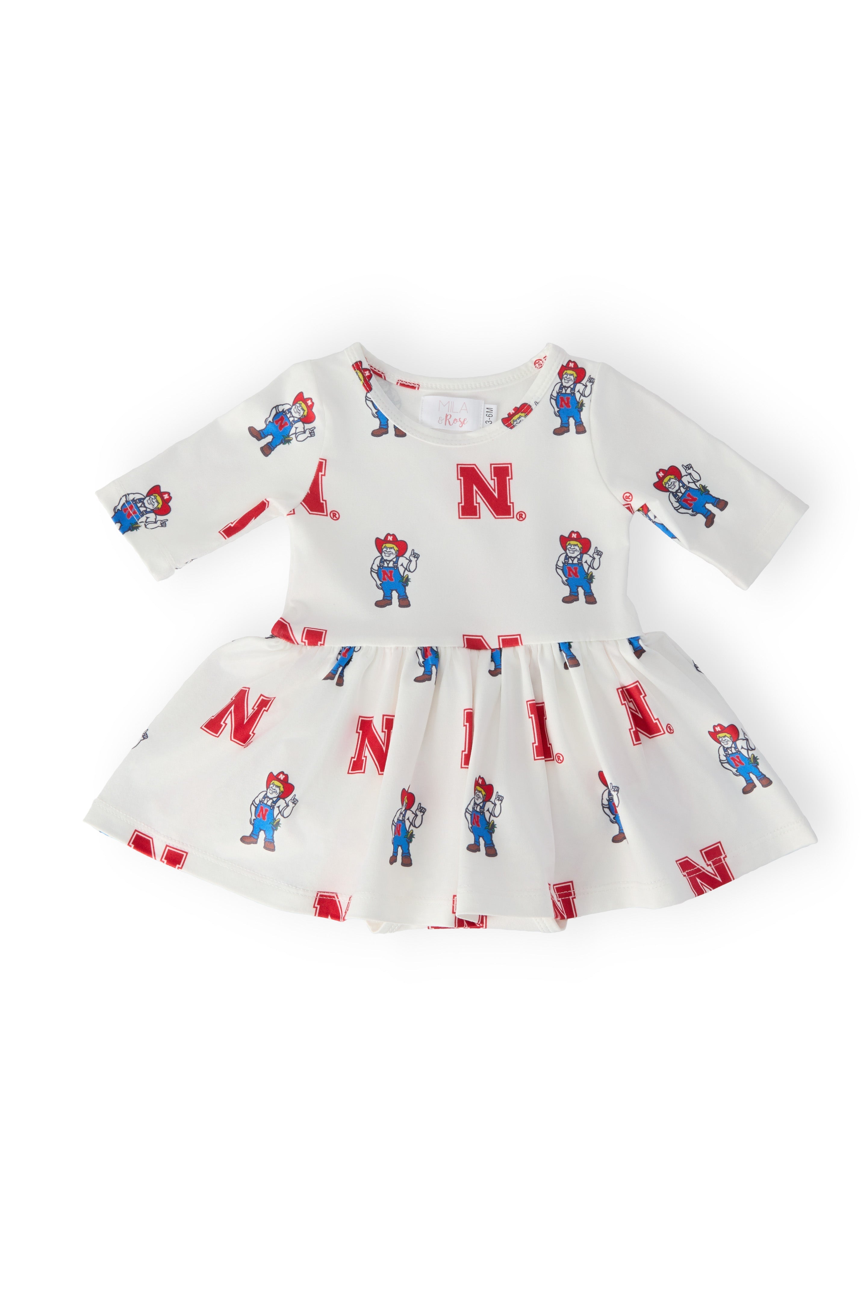 Nebraska White Herbie Husker 3/4 Sleeve Twirl Bodysuit - Aaria Tees Aaria Tees