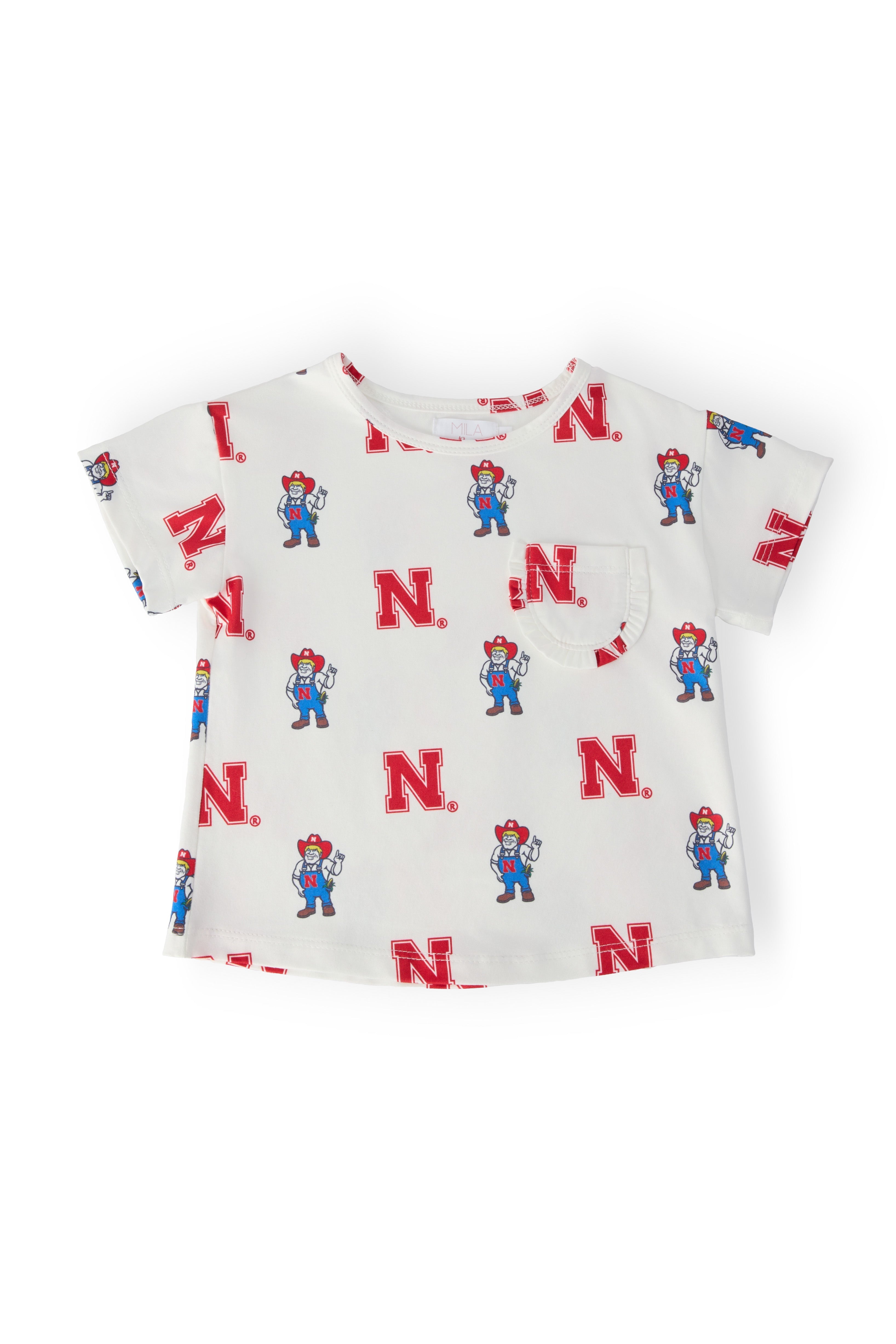 Nebraska White Herbie Husker Ruffle Pocket Tee - Aaria Tees Aaria Tees