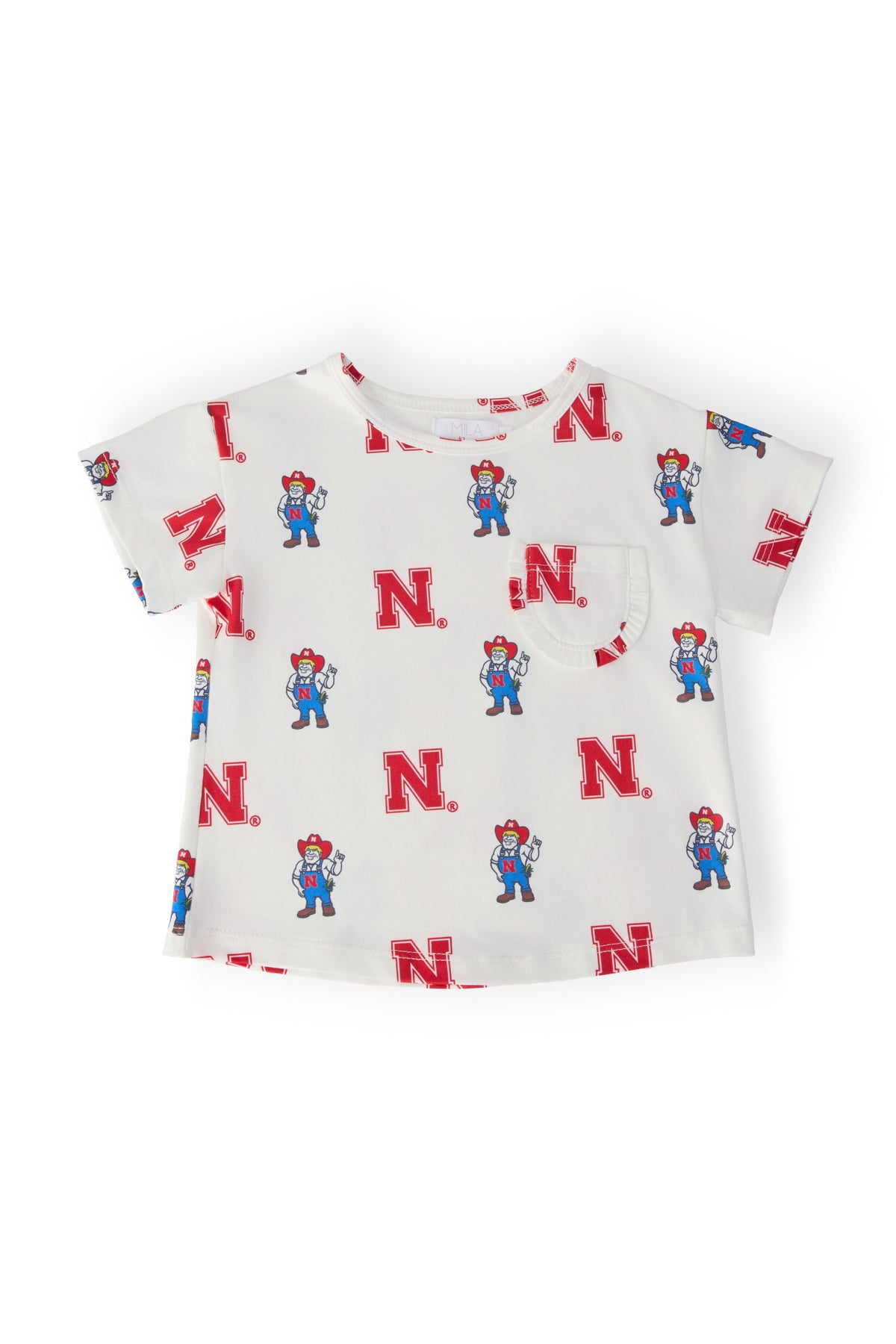 Nebraska White Herbie Husker Ruffle Pocket Tee - Aaria Tees