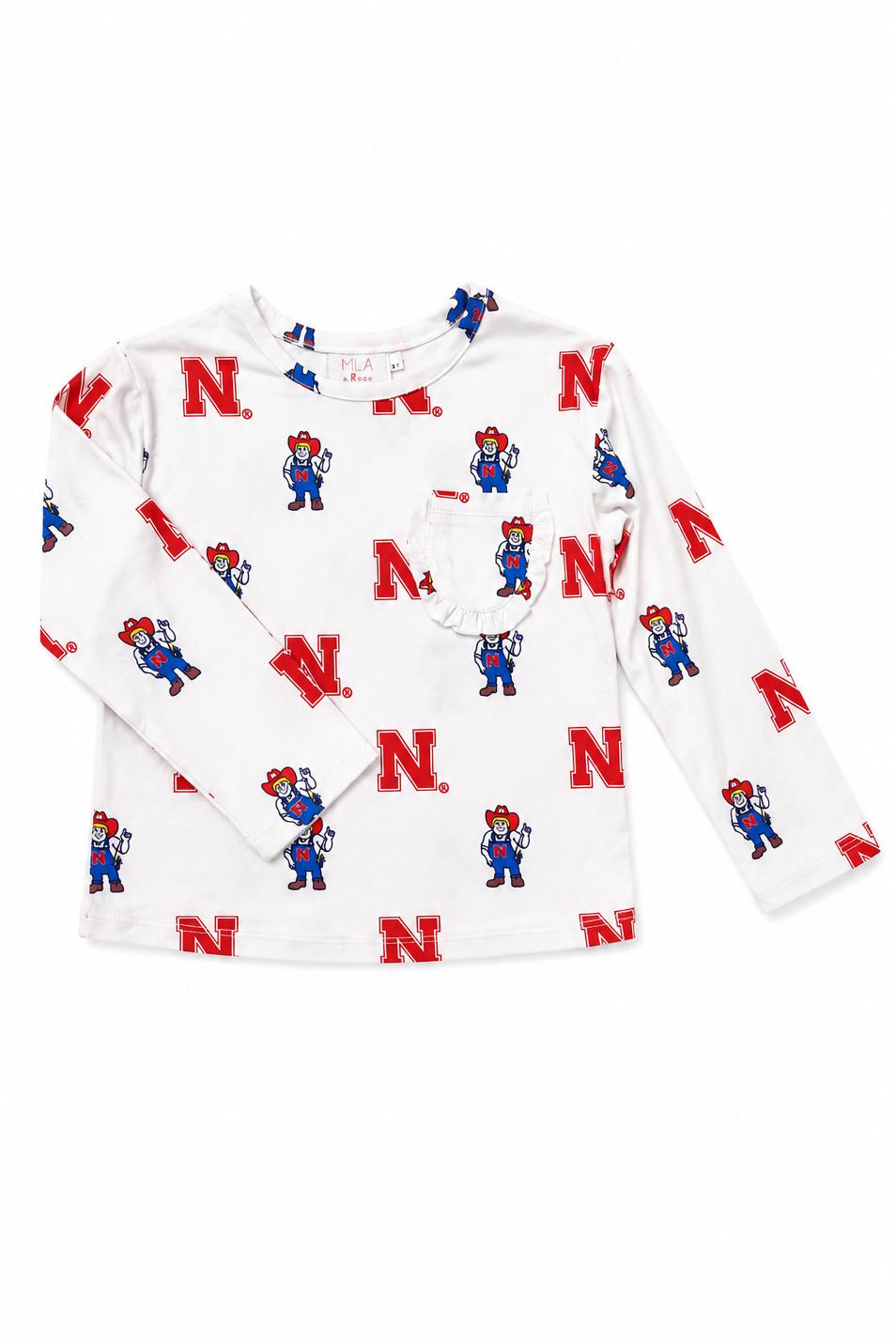 Nebraska White Herbie Husker L/S Ruffle Pocket Tee - Aaria Tees Aaria Tees