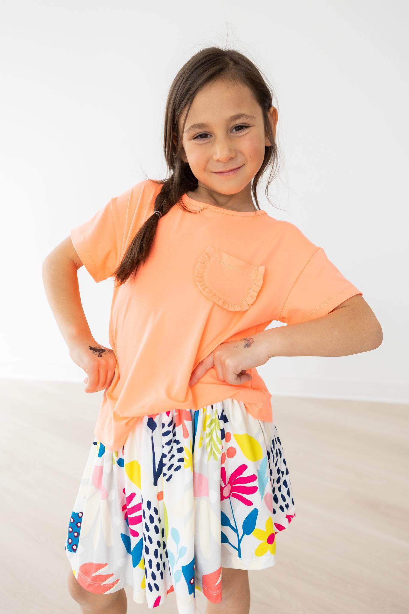 Neon Coral Ruffle Pocket Tee - Aaria Tees Aaria Tees