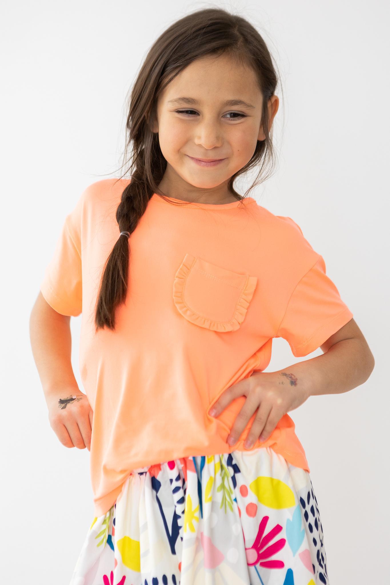 Neon Coral Ruffle Pocket Tee - Aaria Tees Aaria Tees