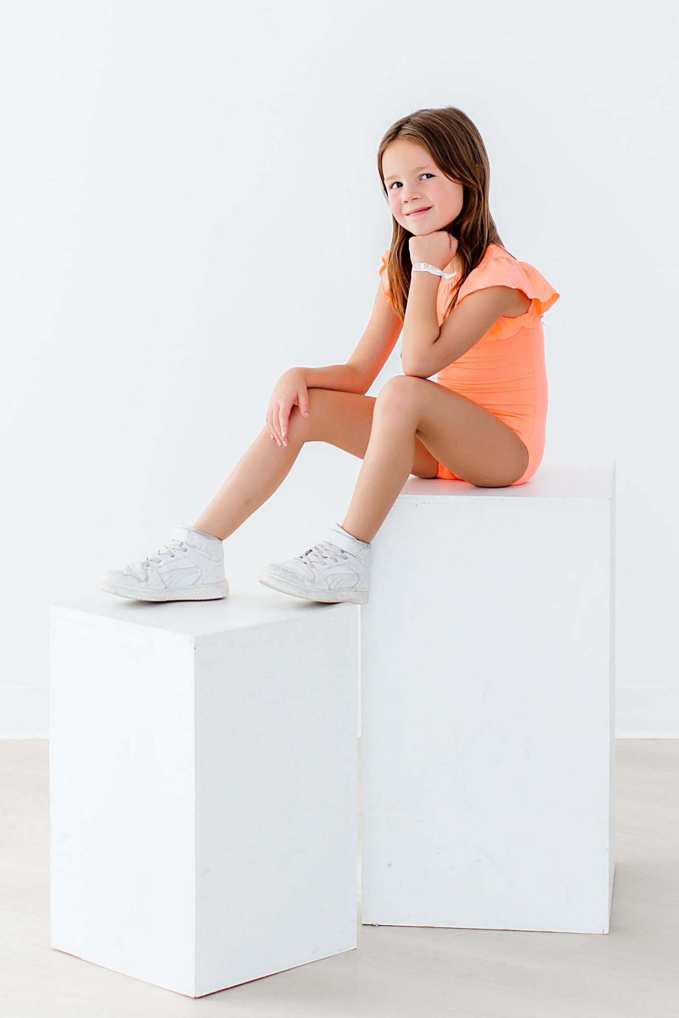 Neon Coral S/S Flutter Sleeve Leotard - Aaria Tees Aaria Tees