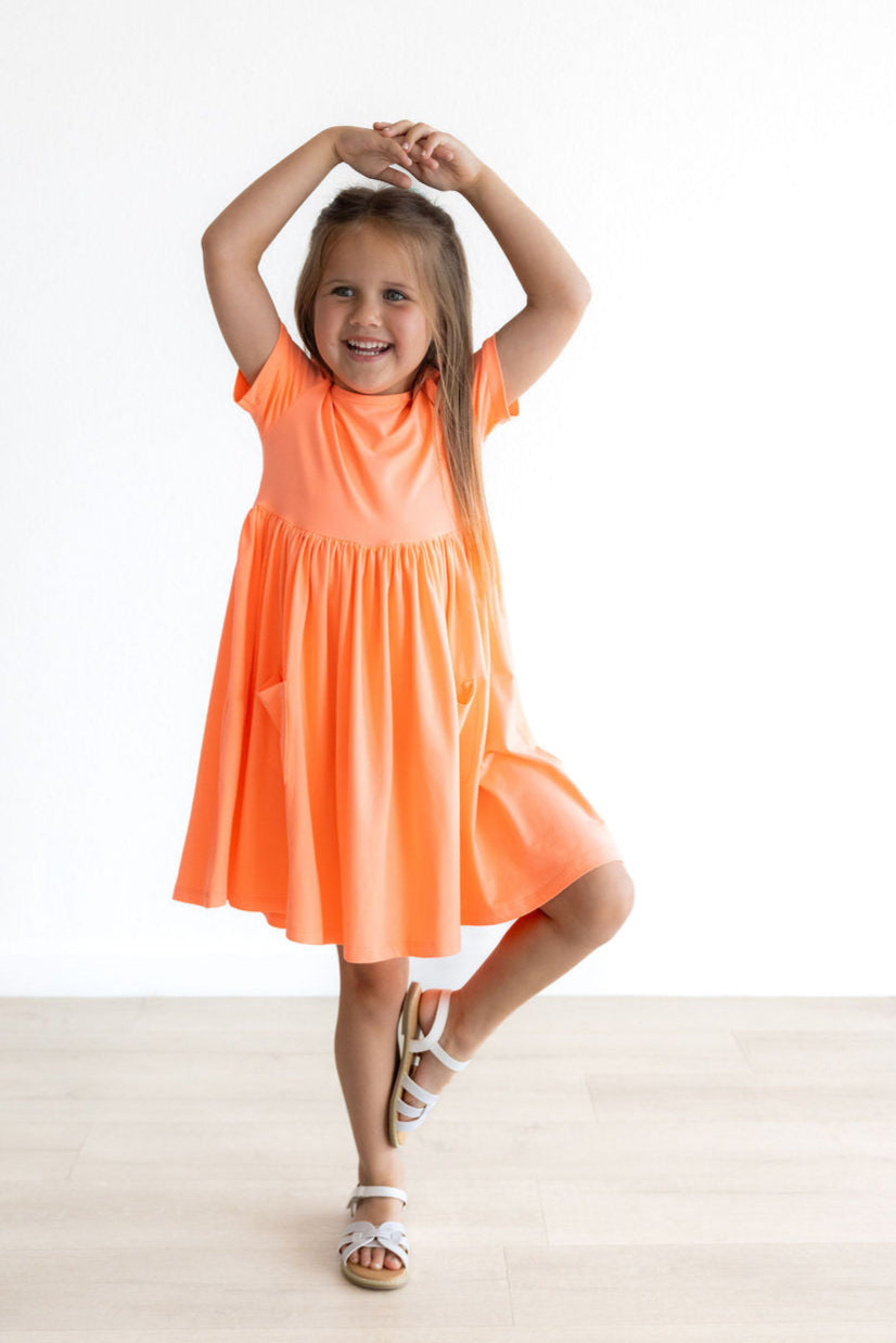 Neon Coral S/S Pocket Twirl Dress - Aaria Tees