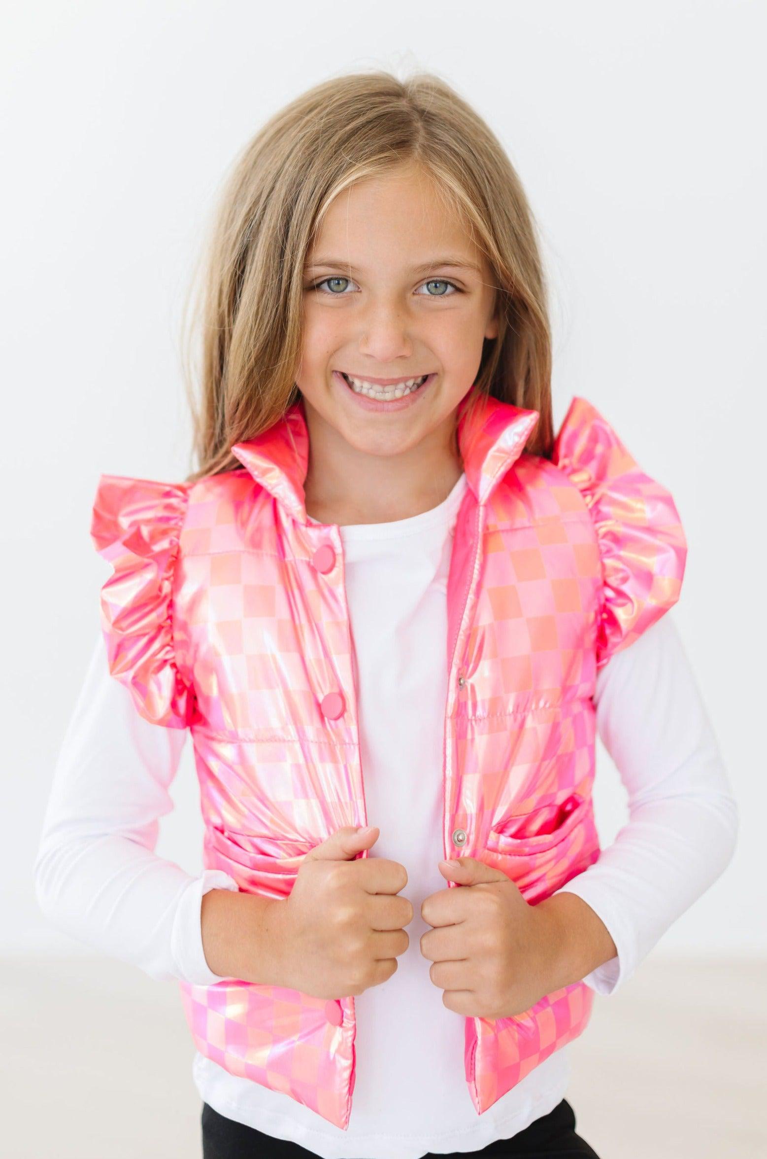 Neon Pink Checker Puffer Vest - Aaria Tees Aaria Tees