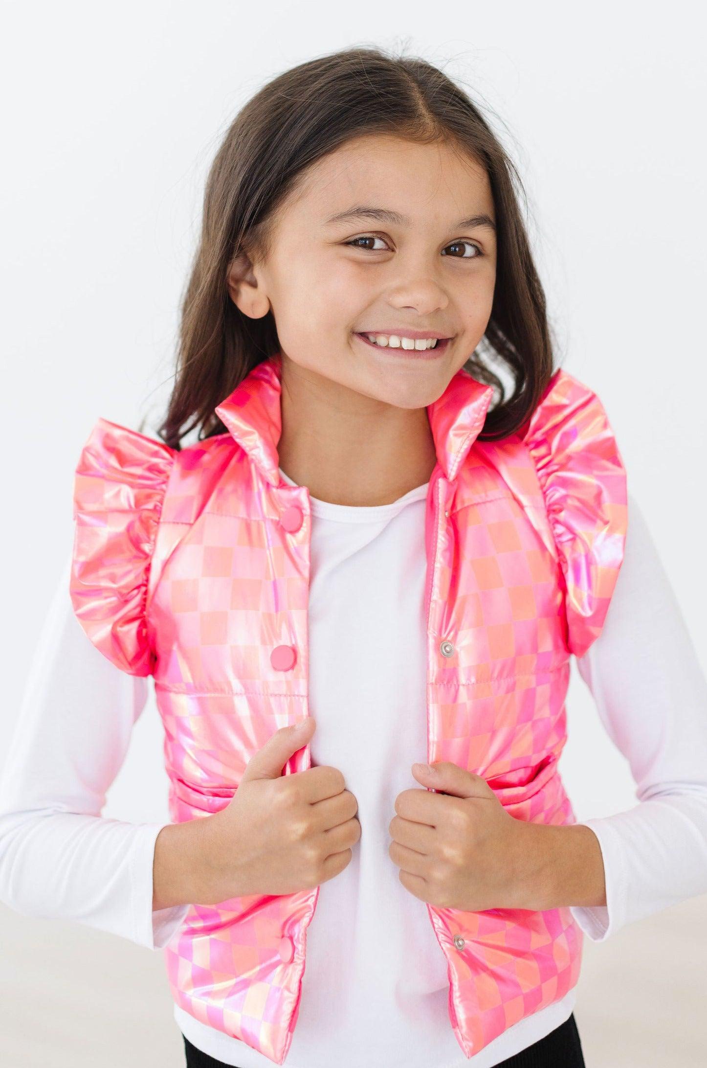 Neon Pink Checker Puffer Vest - Aaria Tees Aaria Tees