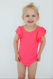 Neon Pink S/S Flutter Sleeve Leotard - Aaria Tees Aaria Tees