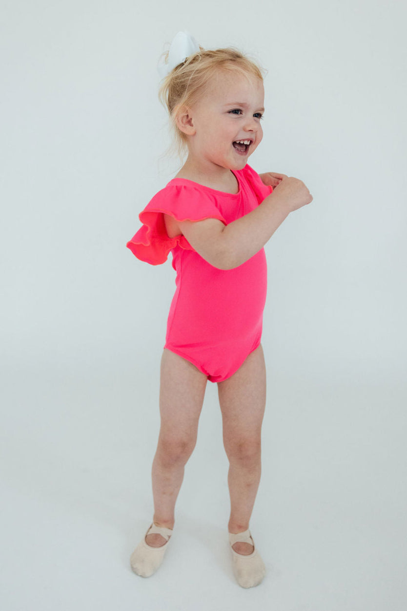 Neon Pink S/S Flutter Sleeve Leotard - Aaria Tees Aaria Tees