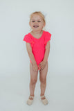 Neon Pink S/S Flutter Sleeve Leotard - Aaria Tees Aaria Tees
