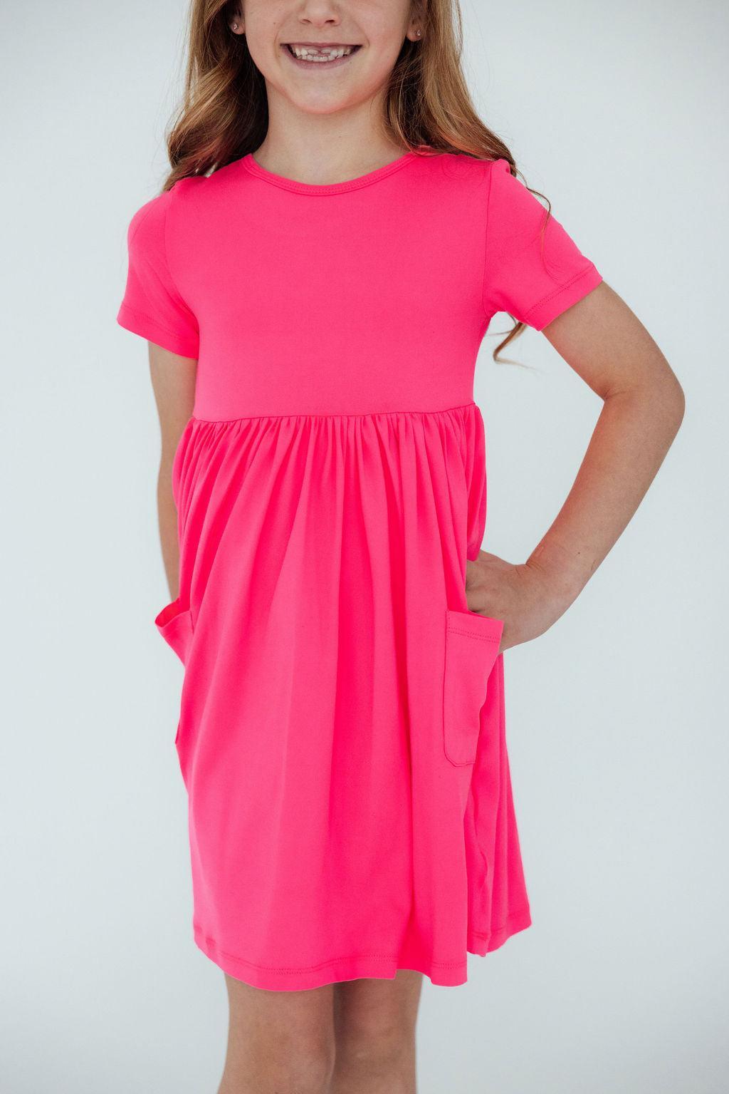 Neon Pink S/S Pocket Twirl Dress - Aaria Tees Aaria Tees