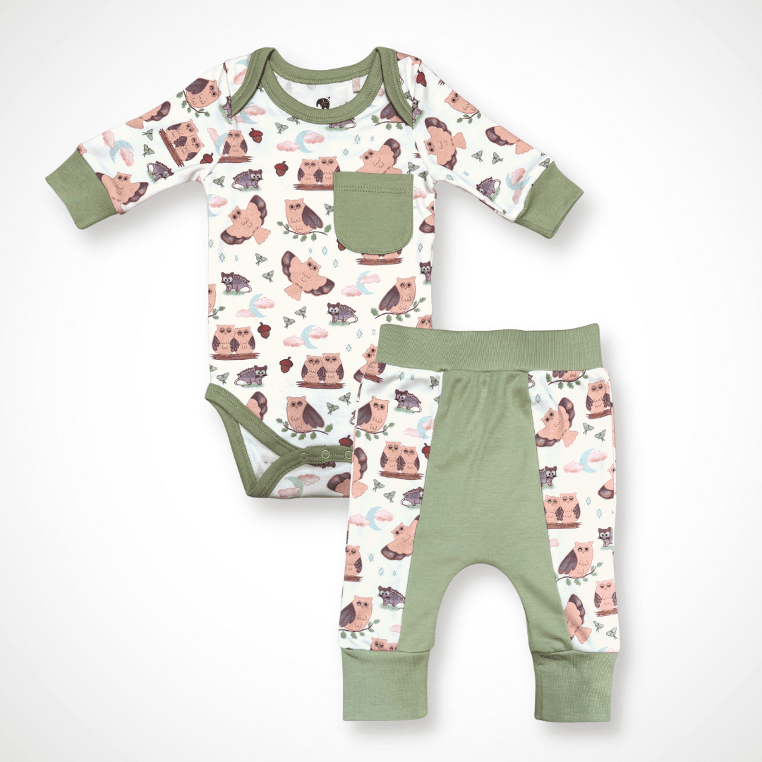 Owl Long Sleeve Bodysuit and Pant | Organic Pima Cotton - Aaria Tees