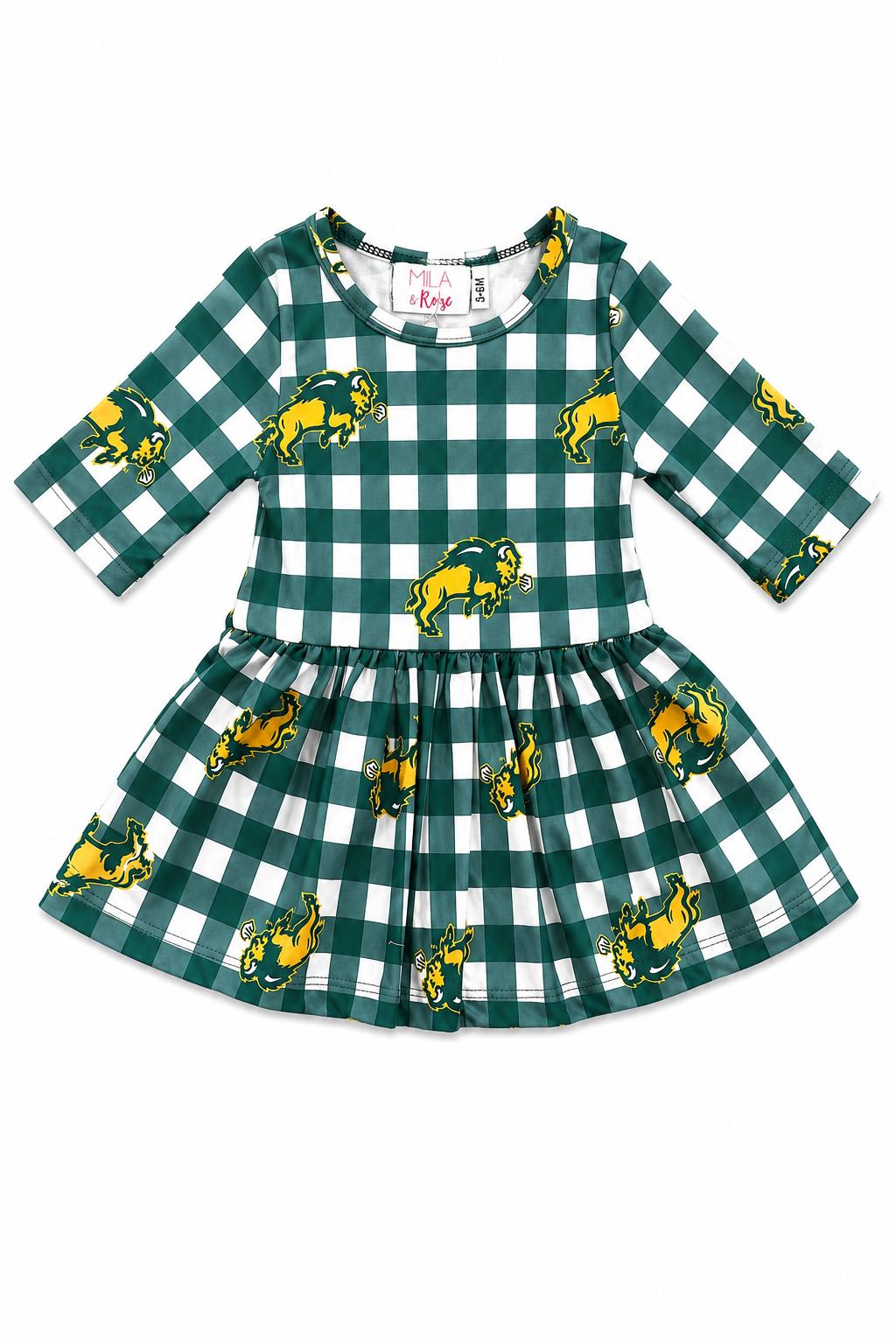 North Dakota State University Plaid Bison 3/4 Sleeve Twirl Bodysuit - Aaria Tees