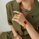 Women's Temperament Exaggerated Personalized Crystal Stone Titanium Steel Metal Cuban Link Necklaces Aaria Tees