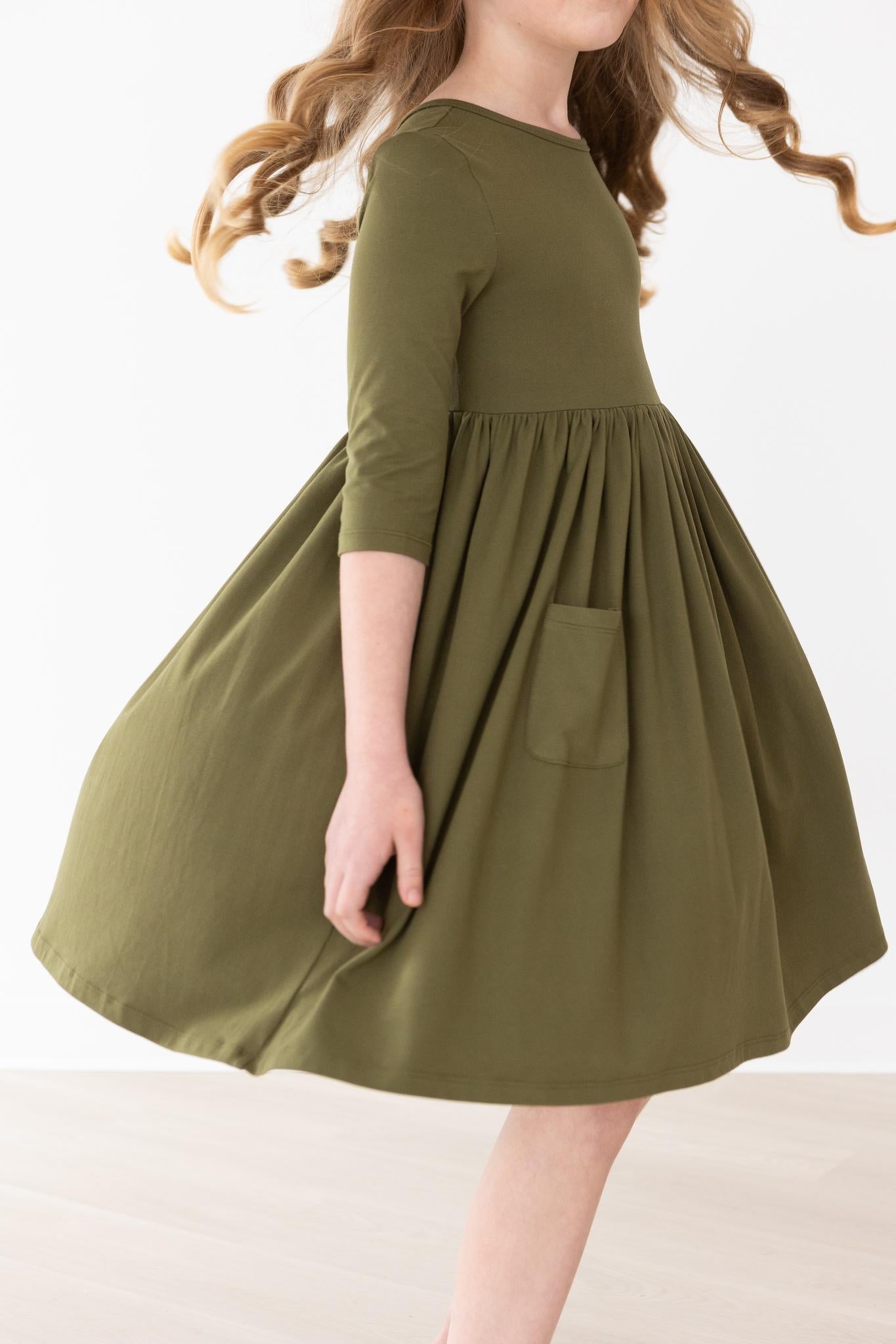 Olive 3/4 Sleeve Pocket Twirl Dress - Aaria Tees Aaria Tees
