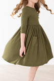 Olive 3/4 Sleeve Pocket Twirl Dress - Aaria Tees Aaria Tees