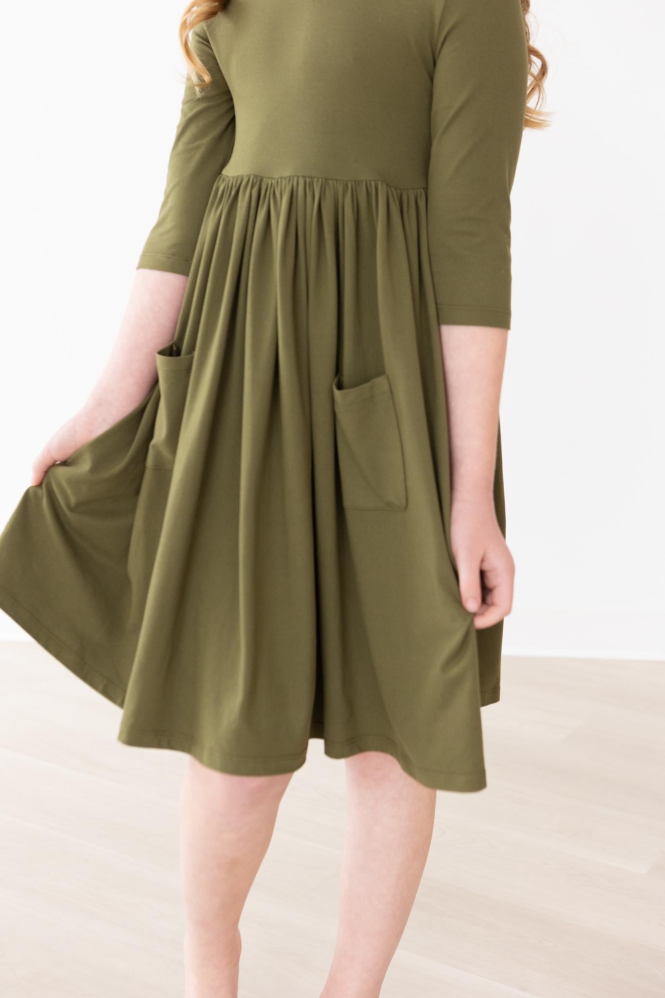 Olive 3/4 Sleeve Pocket Twirl Dress - Aaria Tees Aaria Tees