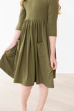 Olive 3/4 Sleeve Pocket Twirl Dress - Aaria Tees Aaria Tees
