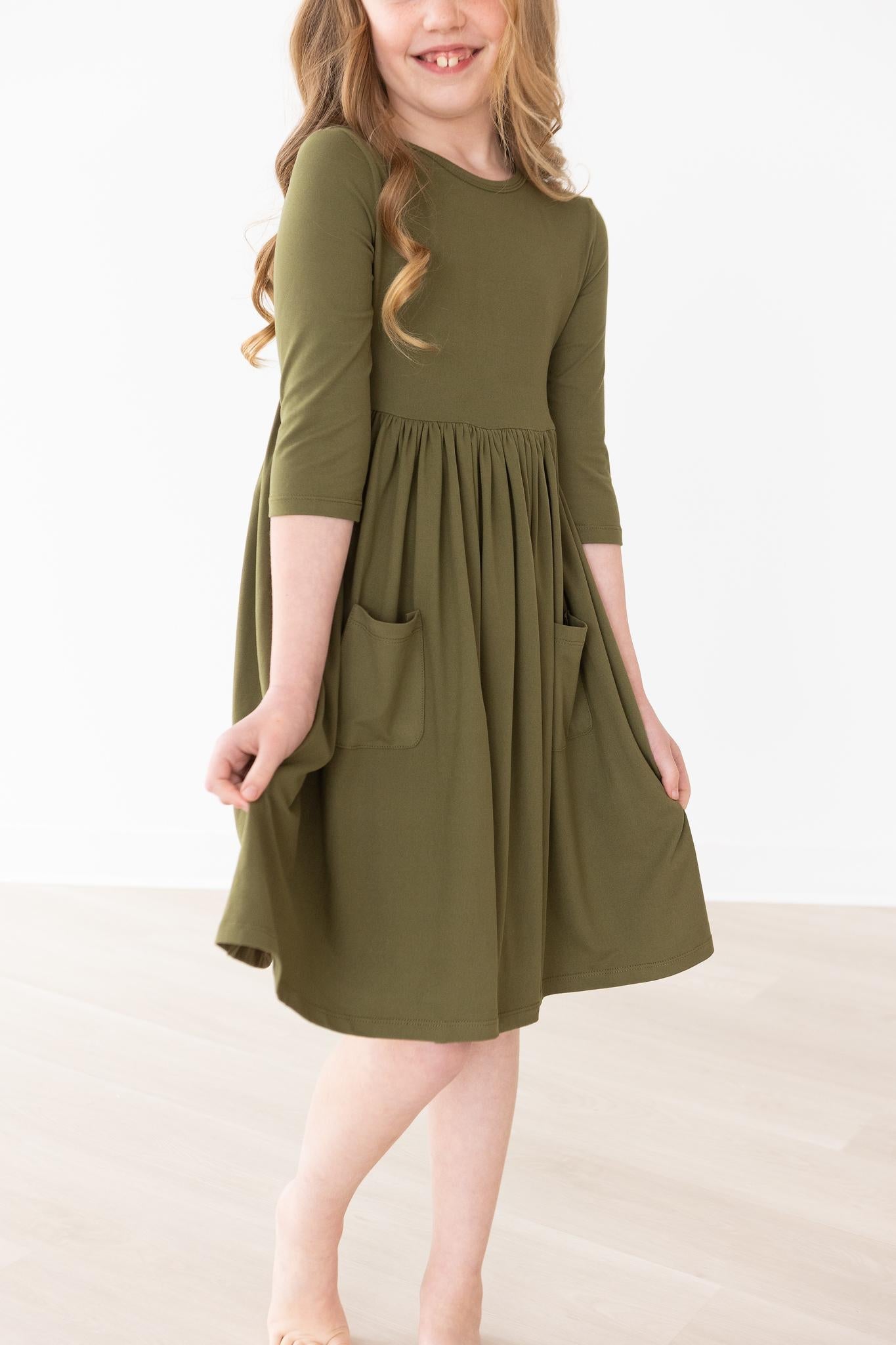 Olive 3/4 Sleeve Pocket Twirl Dress - Aaria Tees Aaria Tees