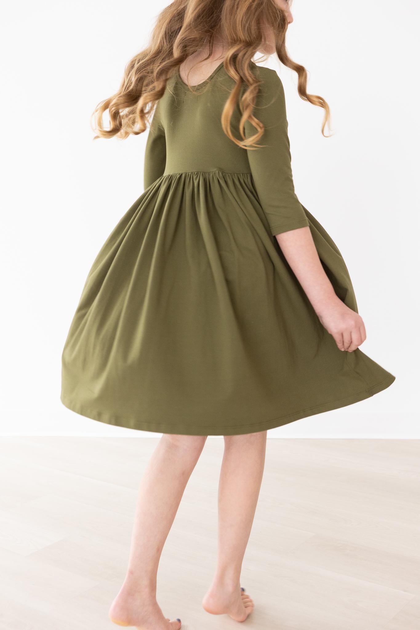 Olive 3/4 Sleeve Pocket Twirl Dress - Aaria Tees Aaria Tees