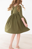 Olive 3/4 Sleeve Pocket Twirl Dress - Aaria Tees Aaria Tees