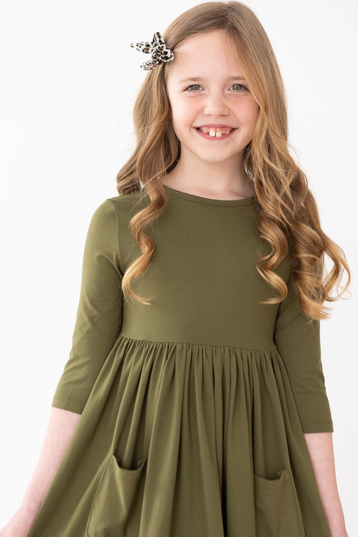 Olive 3/4 Sleeve Pocket Twirl Dress - Aaria Tees Aaria Tees