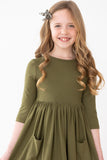Olive 3/4 Sleeve Pocket Twirl Dress - Aaria Tees Aaria Tees