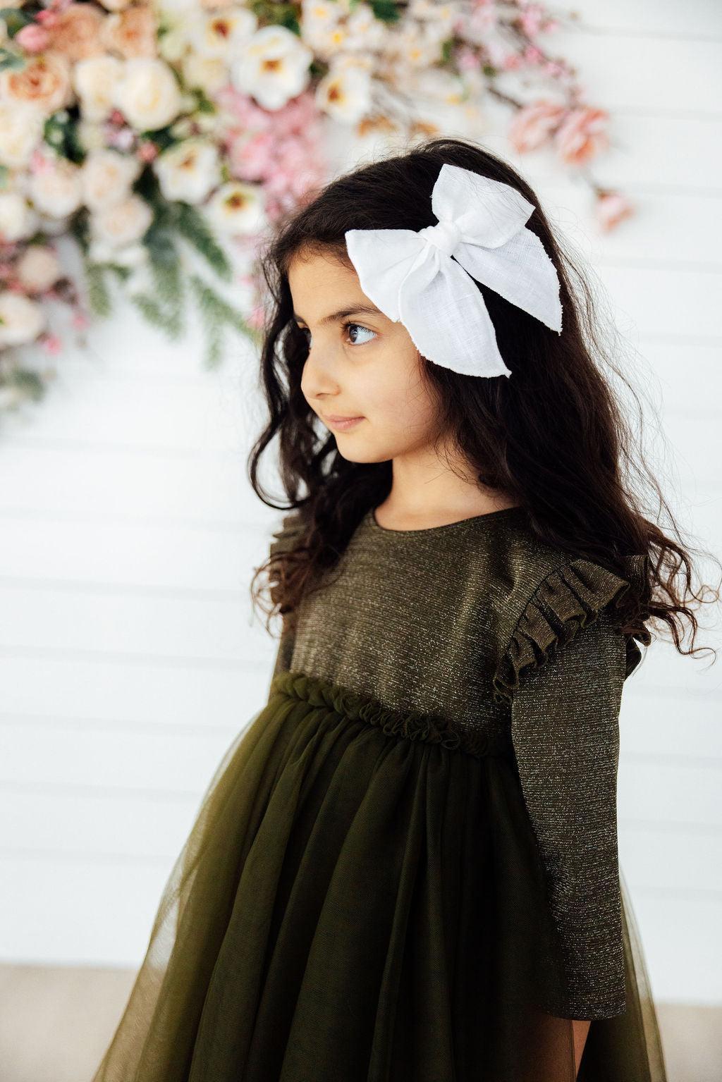 Olive Shimmer 3/4 Sleeve Tutu Dress - Aaria Tees Aaria Tees