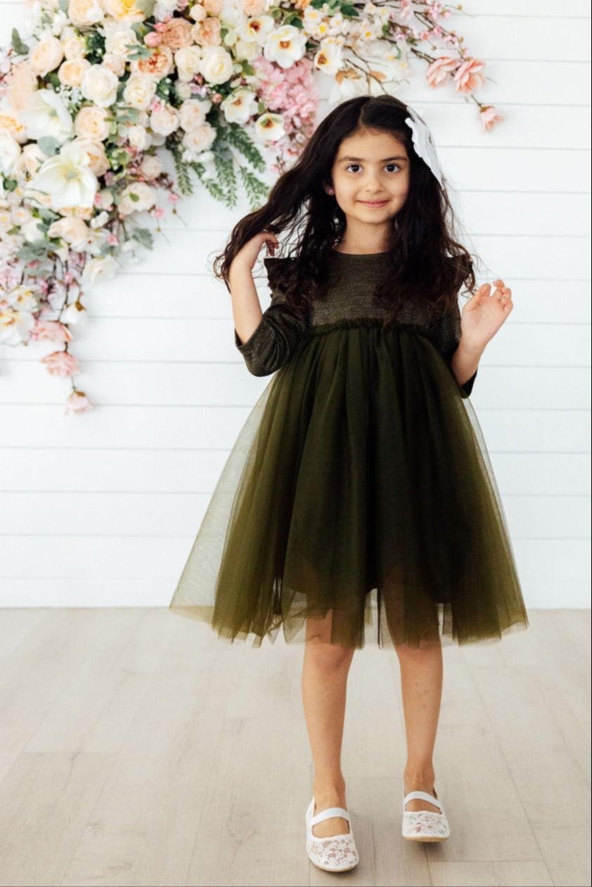 Olive Shimmer 3/4 Sleeve Tutu Dress - Aaria Tees Aaria Tees