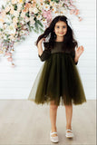 Olive Shimmer 3/4 Sleeve Tutu Dress - Aaria Tees Aaria Tees