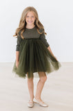 Olive Shimmer 3/4 Sleeve Tutu Dress - Aaria Tees Aaria Tees
