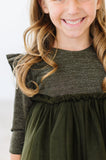 Olive Shimmer 3/4 Sleeve Tutu Dress - Aaria Tees Aaria Tees