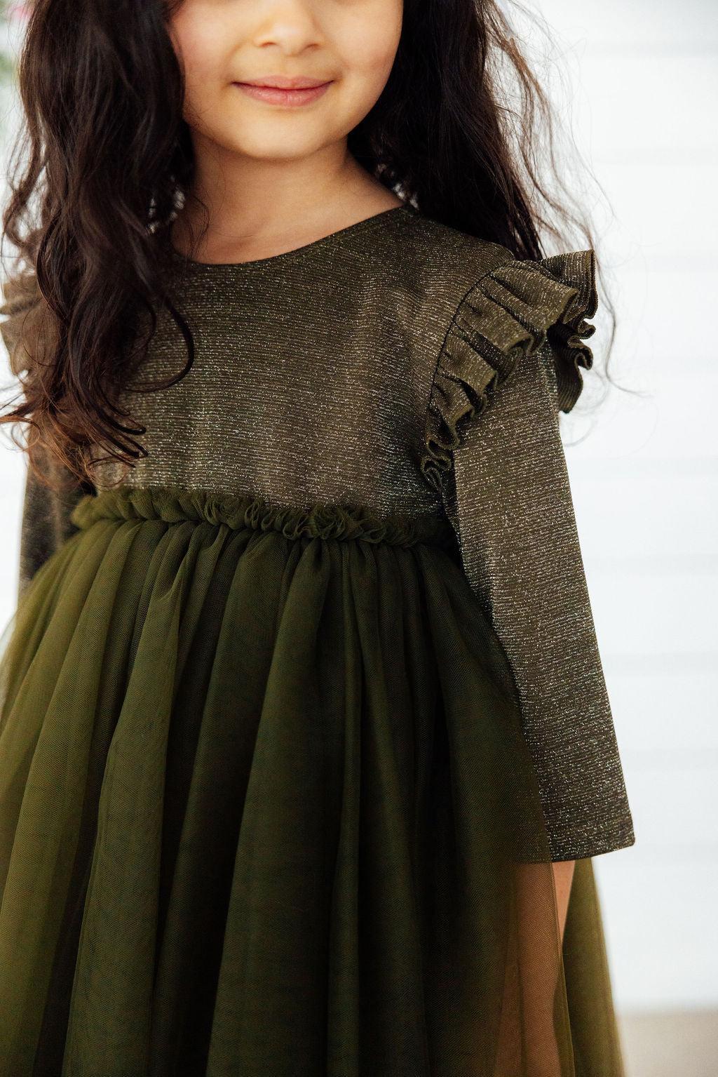 Olive Shimmer 3/4 Sleeve Tutu Dress - Aaria Tees