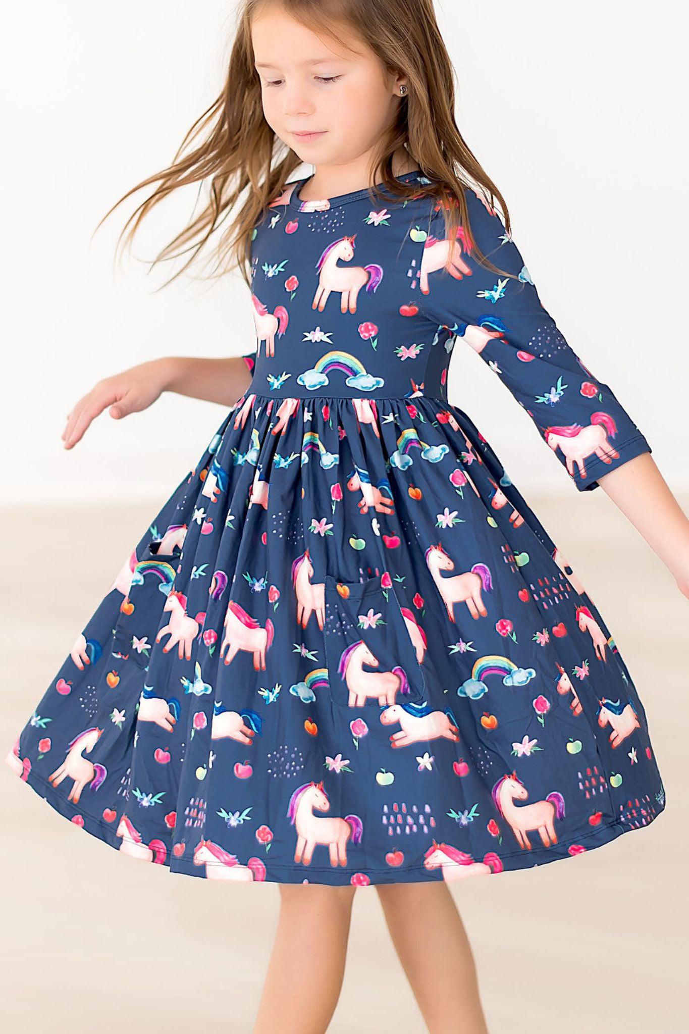 Painted Skies 3/4 Sleeve Pocket Twirl Dress - Aaria Tees Aaria Tees