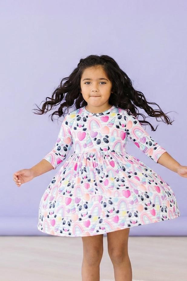 Peace, Love & Pandacorns 3/4 Sleeve Pocket Twirl Dress - Aaria Tees Aaria Tees
