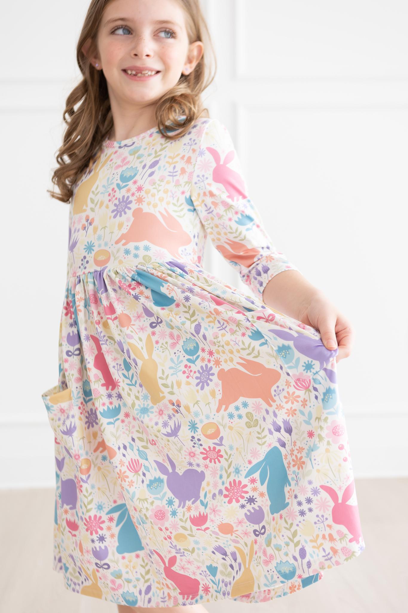 Pastel Floral Bunnies 3/4 Sleeve Pocket Twirl Dress - Aaria Tees Aaria Tees
