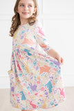 Pastel Floral Bunnies 3/4 Sleeve Pocket Twirl Dress - Aaria Tees Aaria Tees