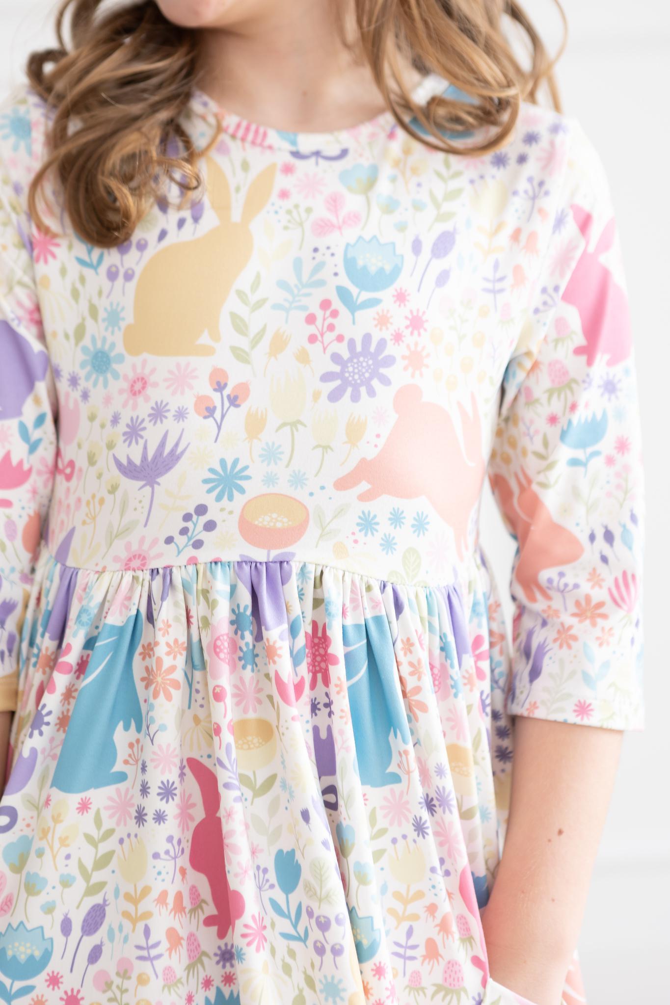 Pastel Floral Bunnies 3/4 Sleeve Pocket Twirl Dress - Aaria Tees Aaria Tees