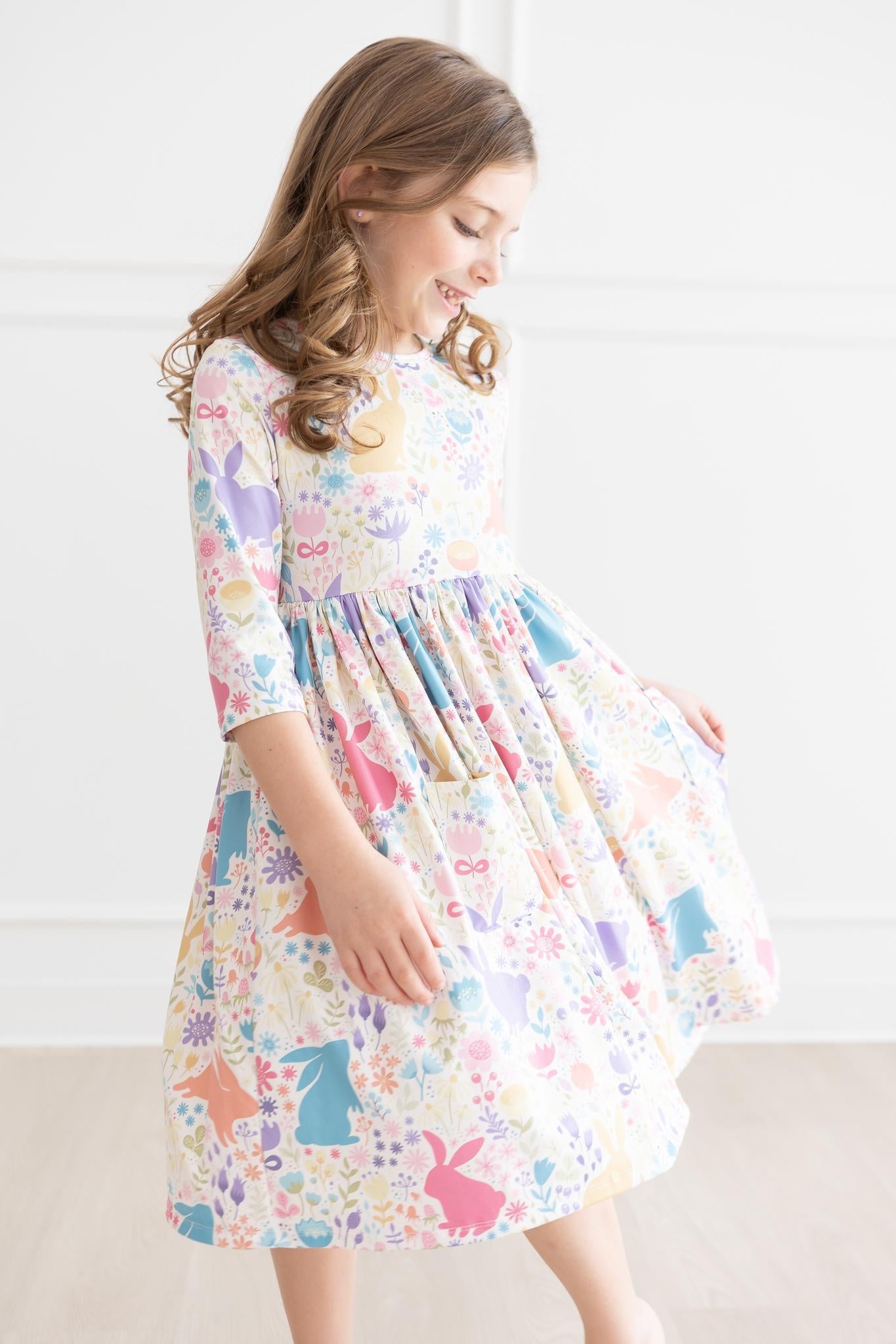 Pastel Floral Bunnies 3/4 Sleeve Pocket Twirl Dress - Aaria Tees Aaria Tees